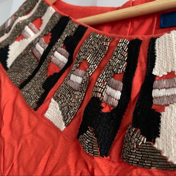 Deep Orange caftan style tunic blouse with intricate heavy collar embellishment - Picture 5 of 13